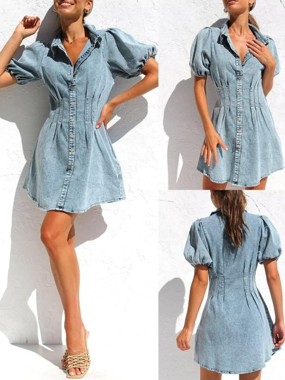 Chic Summer Denim Dress with Puff Sleeves | Slim Fit Jean Dress for Women - Picture 5 of 6